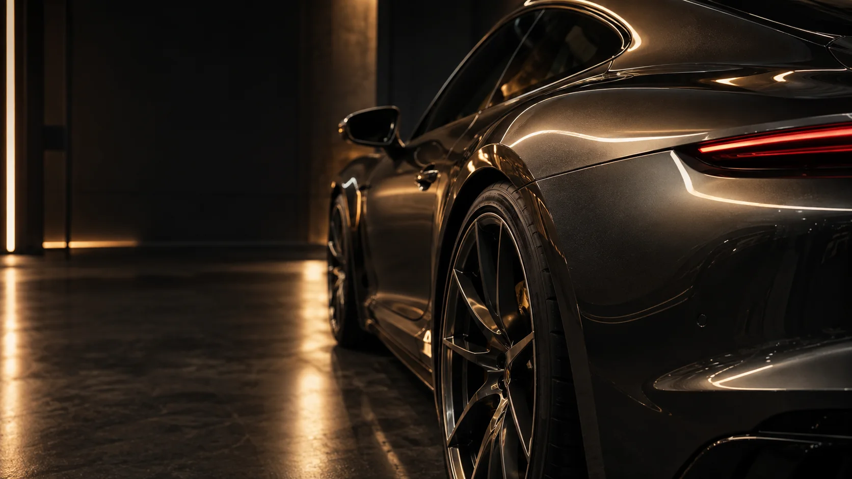 Champagne light reflected across graphite paint, an AI-generated concept image